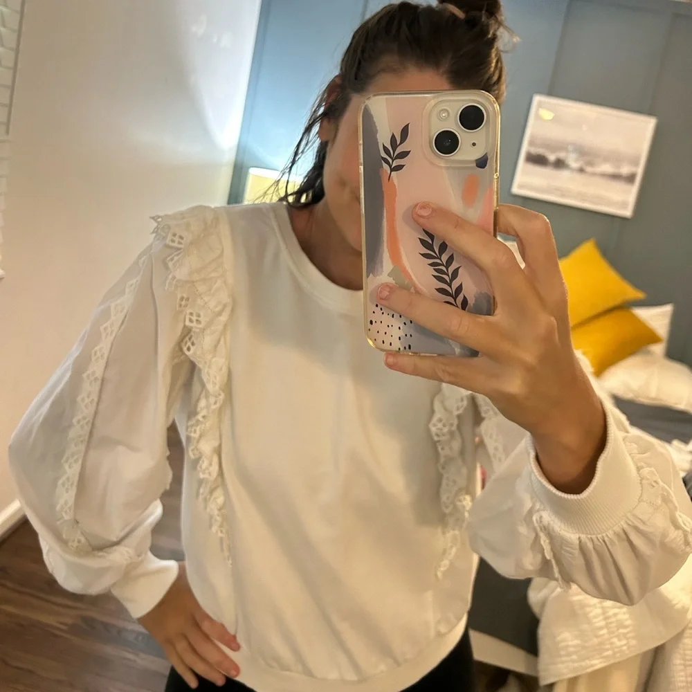 Anthropologie White Long Sleeve Lace-Trim Ruffle Top Medium